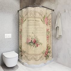 a bathroom with a shower curtain that has roses on it, and a toilet in the corner