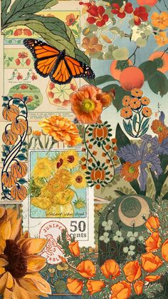 a collage of flowers, butterflies and postage stamps