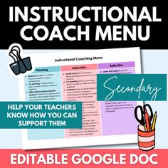 the instructional coach menu is shown in this graphic style, and includes instructions to help students learn