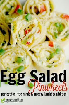 an egg salad pinwheels recipe on a plate with text overlay that reads, egg salad pinwheels perfect for little hands and easy lunchbox addition