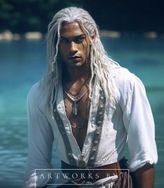 a man with long white hair standing in the water wearing a pirate outfit and necklace