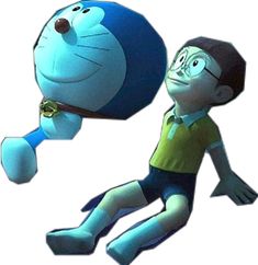 a cartoon character is flying through the air with an object in front of his head