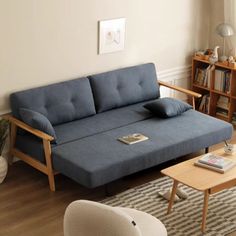 a living room with a couch, coffee table and bookshelf on the wall