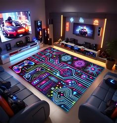 a living room filled with furniture and a large rug covered in neon colored electronic artwork