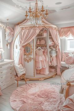 a bedroom with pink furniture and accessories in it