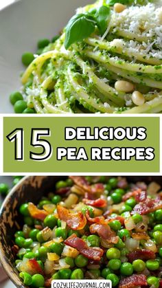 15 delicious pea recipes, featuring a pasta dish with peas and basil, and a bowl of peas with bacon and onions. Recipes For Snap Peas, Pea Casserole, Recipes With Peas Dinners, Peas Side Dish, Recipes For Peas, Creamed Peas Recipe, Recipe With Peas, Frozen Pea Recipes, Cheese Peas Recipe