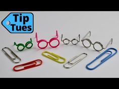 some paper clips and eye glasses on a white background with the words tips written in blue