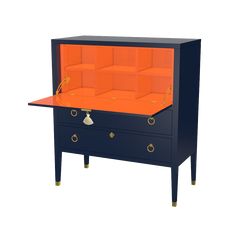 an orange and black chest with drawers on it's sides, against a white background