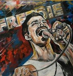 a painting of a man singing into a microphone with the word free on his chest