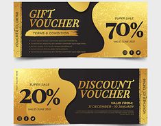 two black and gold gift vouchers with golden confetti