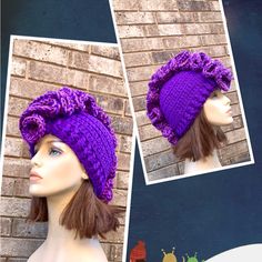 two pictures of a mannequin wearing a purple knitted hat with ruffles