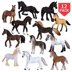 twelve horses are shown in different colors and sizes, including brown, black, white, gray