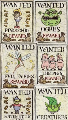 Shrek
Wanted
Evil fairies
Ogres
Pinocchio Shrek Beware Of Ogre Sign, Shrek Poster Vintage, Shrek Craft Ideas, Shrek Birthday Party Favors, Shrek Art Ideas, Shrek Party Centerpieces, Shrek 2 Birthday Party, Shrek Room Decor, Shrek Office Decor