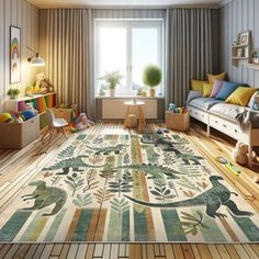 a child's room with wooden floors and colorful rugs on the floor in front of a window