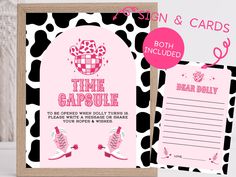 a pink and black cow printable birthday card with the words time capsule on it