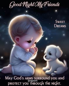 a little boy kneeling down next to a puppy on top of a night sky with stars