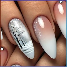 Winter Tree Nail Art, Winter Tree Nails, Nail Cristhmas, Christmas Nail Ideas Holiday Simple, Christmas Tree Nails Designs, Winter Design Nails, Ombre Christmas Nails, Winter Nails Design Ideas, Winter Nails Art