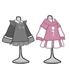 two dresses on mannequins, one in pink and the other in grey