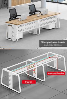 an office desk with two chairs and a computer on it, both side by side