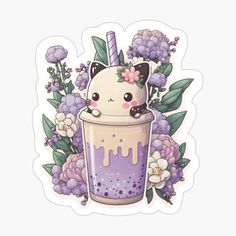 a drink with purple flowers and a cat in the cup sticker on it's side