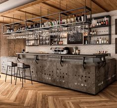 an industrial style bar with stools and shelves