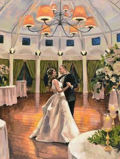 a painting of a bride and groom on their wedding day at the reception hall with chandeliers