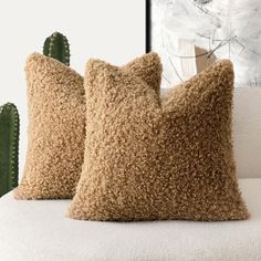 two brown pillows sitting on top of a white couch next to a green cactus plant