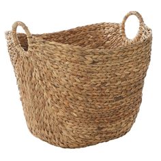 a large round basket with handles on the bottom is shown in natural colors and has two handles