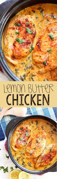 lemon butter chicken in a skillet with spinach garnish