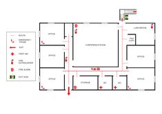 an office floor plan with red arrows pointing to the first floor and second floor area