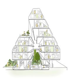 an architectural drawing of a house with multiple levels and trees on each level, in the middle