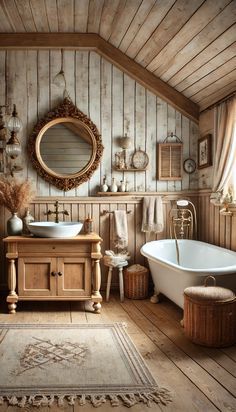 an old fashioned bathroom with wood paneling and white bathtub in the corner, mirror on the wall