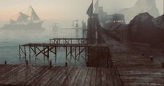 a wooden dock sitting on top of a body of water next to a large ship