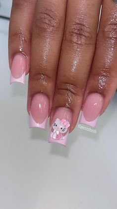 Ig: @ prettybyels Pink French Tip Nails With Hello Kitty, Bday Nail Inspo Short, Pink Hello Kitty Nails Simple, Nails That Are Short, Pink French Tip Hello Kitty Nails, Nail Inspo Square Hello Kitty, Hello Kitty Nail Inspo Short, Short Square Hello Kitty Nails, Cute Nail Designs For Beginners