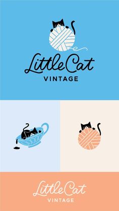 the logo for little cat vintage is shown in three different colors and font styles, including blue