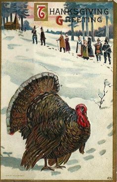 a turkey is standing in the snow with people around it and thanksgiving greetings written below