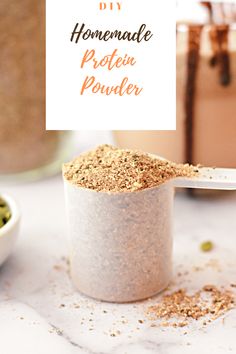 homemade protein powder in a jar with a spoon