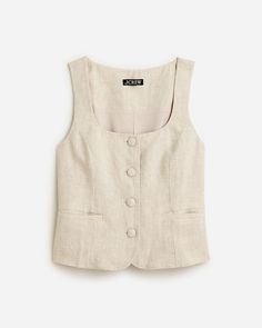 Scoopneck linen-blend vest What To Wear In Italy, Linen Vest, Summer Capsule Wardrobe, Fall Capsule Wardrobe, Vest Pattern, Vest White, White Denim, Blazers For Women, Covered Buttons