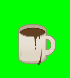 a cup of coffee with liquid pouring out of it on a green screen in front of the camera