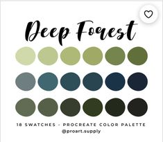 the deep forest color palette is shown in shades of blue, green and brown with text that reads deep forest