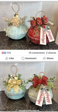 two pictures of christmas ornaments on top of a counter with ribbons hanging from the handles