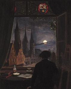 a man standing in front of a window looking out at a cityscape and the moon