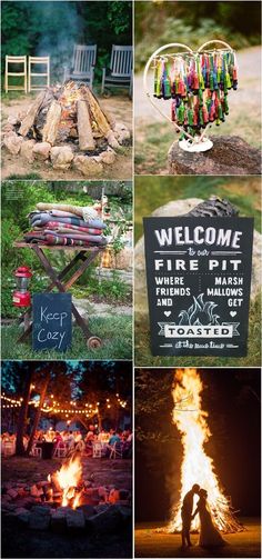 several different pictures with fire pits and signs