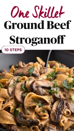 one skillet ground beef stroganoni in a black bowl with a spoon