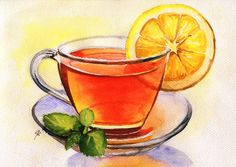 a painting of a cup of tea next to an orange slice