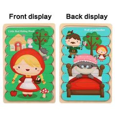 two wooden puzzles depicting children's bedtime scenes and the same person in red