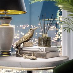 a bird sitting on top of a stack of books next to a lamp and plant