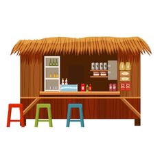 an outdoor bar with stools and bottles on the counter in front of it illustration