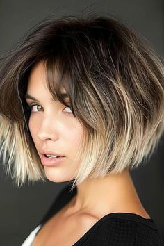 Kurzer Bob: schicke Varianten für jeden Anlass - hairtastic.de Balayage Short Hair With Bangs, Short Blonde Hair Shadow Root, Bob With Balayage, Short Coloured Hair, Cool Hair Dye Ideas For Short Hair, Balayage Short Hair, Short Brown Hair With Blonde Highlights, Night Out Hairstyles