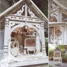 an old white dollhouse with furniture inside